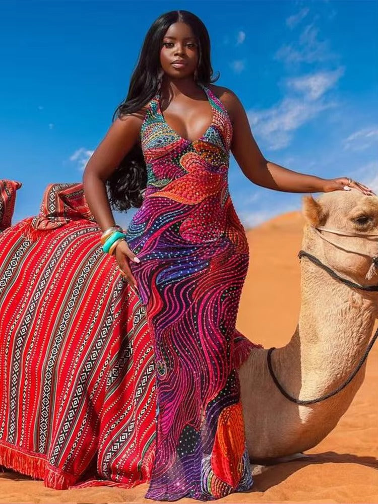 Diamond Print Backless Split Dress